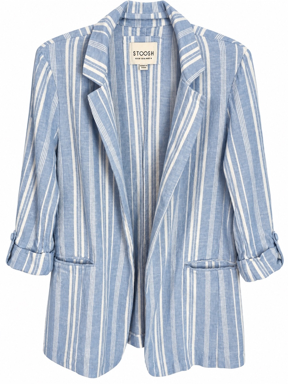 Stoosh Light Blue and White Striped Linen Blend Blazer